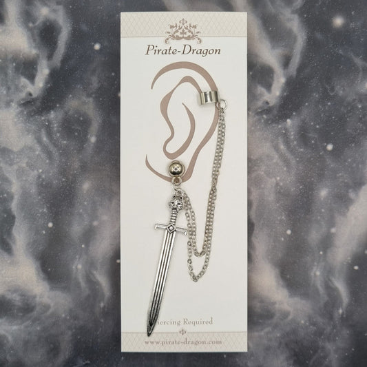 Silver Sword with Silver Chains Pierced Earcuff (EC99574)