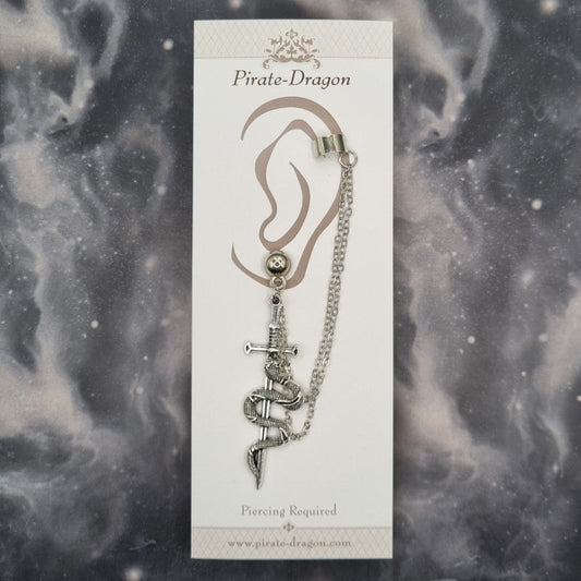 Sword & Snake with Silver Chains Pierced Earcuff (EC99585)