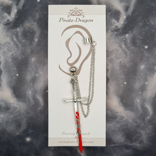 Bloody Sword with Silver Chains Pierced Earcuff (EC99587)