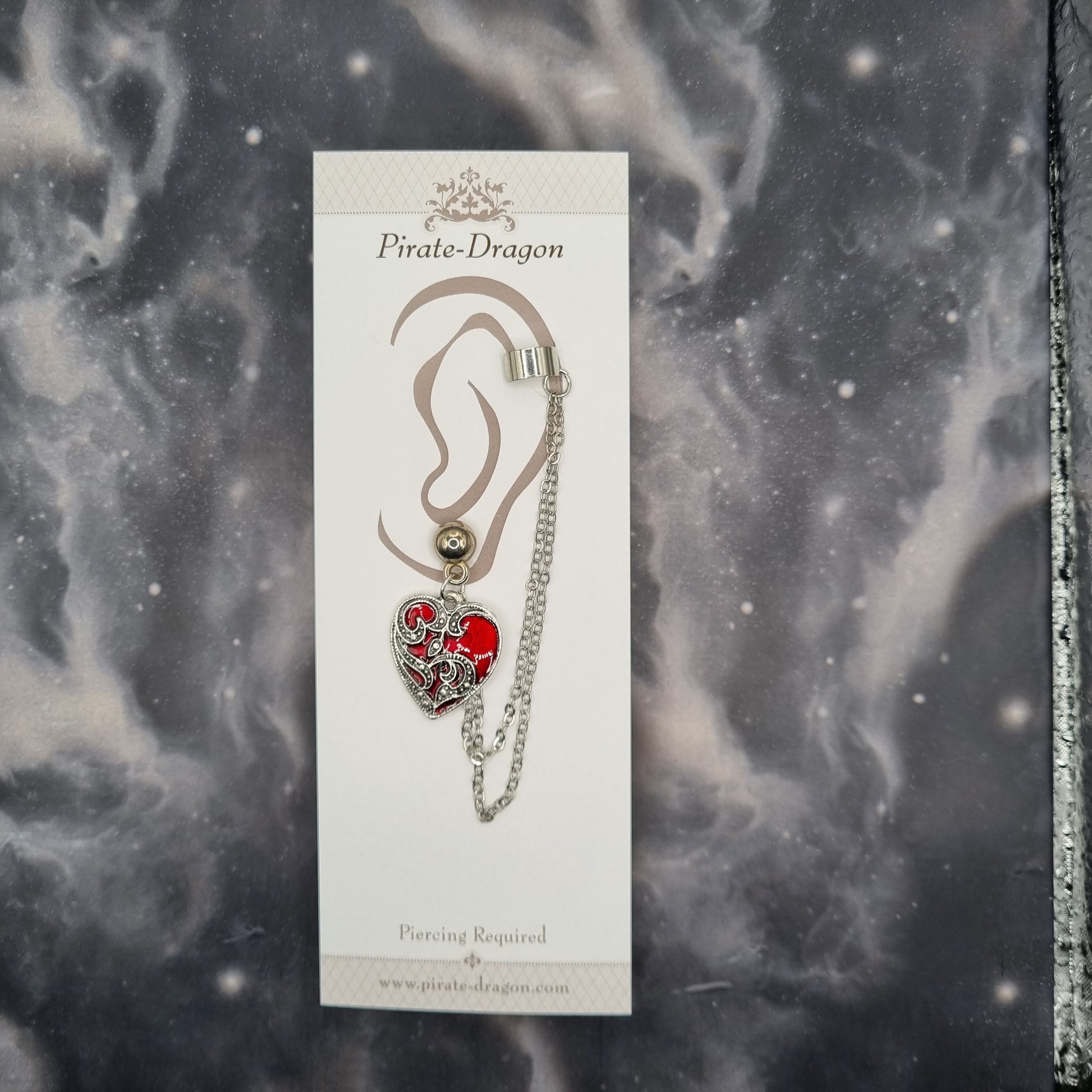 Red Enamel Heart with Silver Chains Pierced Earcuff (EC99596)