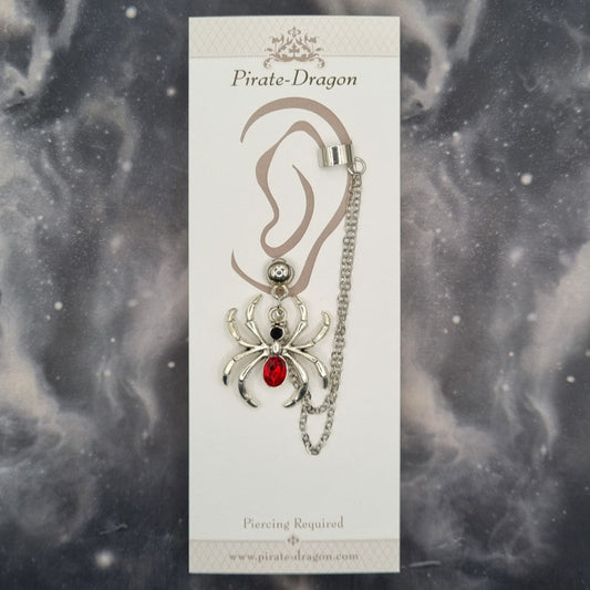 Red Gem Spider with Silver Chains Pierced Earcuff (EC99600)