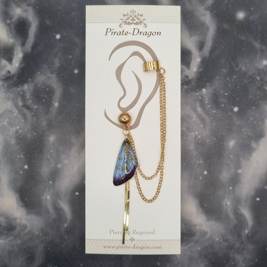 Gold & Blue Butterfly Wing with Gold Chains Pierced Earcuff (EC99628)