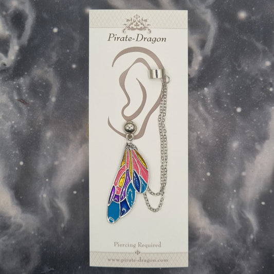 Multicolour Butterfly Wing with Silver Chains Pierced Earcuff (EC99632)