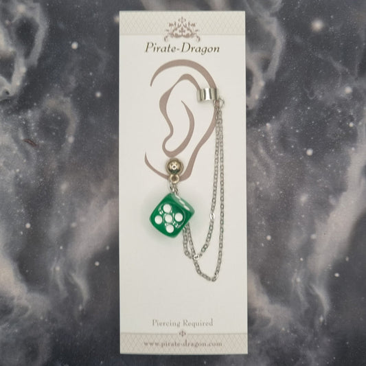 Green D6 Dice with Silver Chains Pierced Earcuff (EC99635)