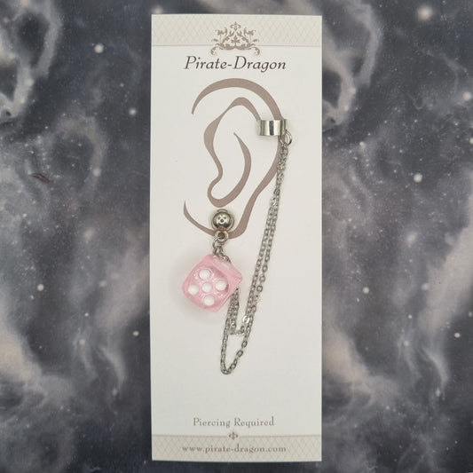 Pink D6 Dice with Silver Chains Pierced Earcuff (EC99639)