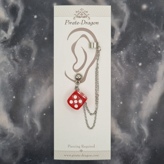 Red D6 Dice with Silver Chains Pierced Earcuff (EC99640)