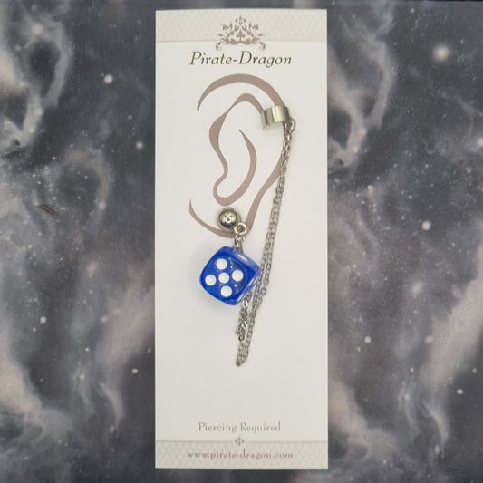 Blue D6 Dice with Silver Chains Pierced Earcuff (EC99641)