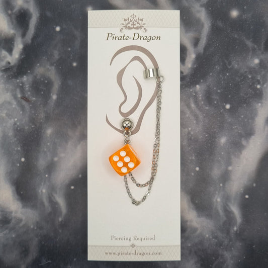 Orange D6 Dice with Silver Chains Pierced Earcuff (EC99642)