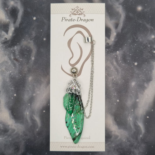 Large Green Butterfly Wing with Silver Chains Pierced Earcuff (EC99658)