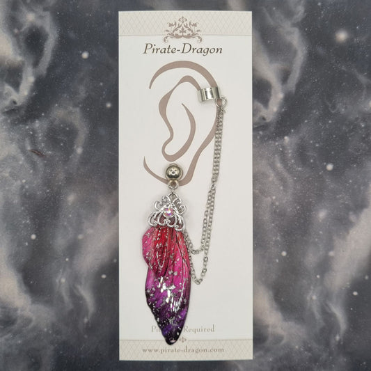 Large Pink & Purple Butterfly Wing with Silver Chains Pierced Earcuff (EC99666)