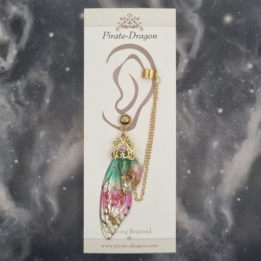 Large Pink & Green Butterfly Wing with Gold Chains Pierced Earcuff (EC99667)