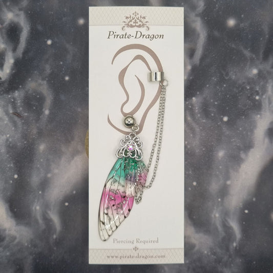 Large Pink & Green Butterfly Wing with Silver Chains Pierced Earcuff (EC99669)