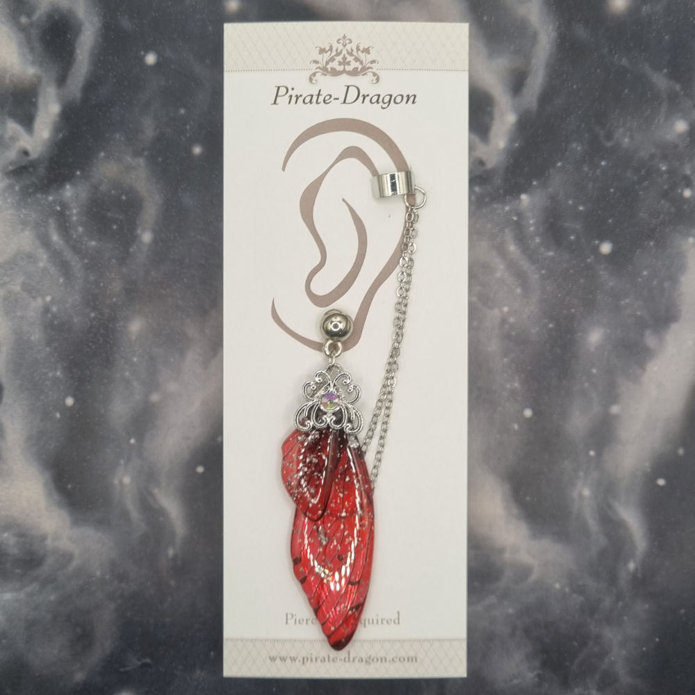 Large Red Butterfly Wing with Silver Chains Pierced Earcuff (EC99699)