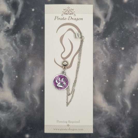 Purple Paw Print with Silver Chains Pierced Earcuff (EC99741)