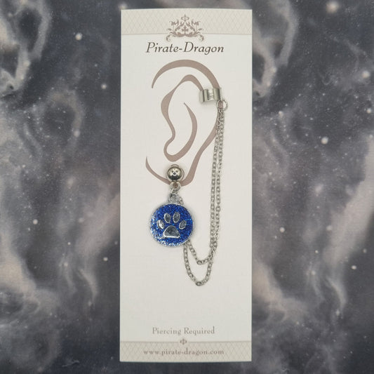 Blue Paw Print with Silver Chains Pierced Earcuff (EC99745)