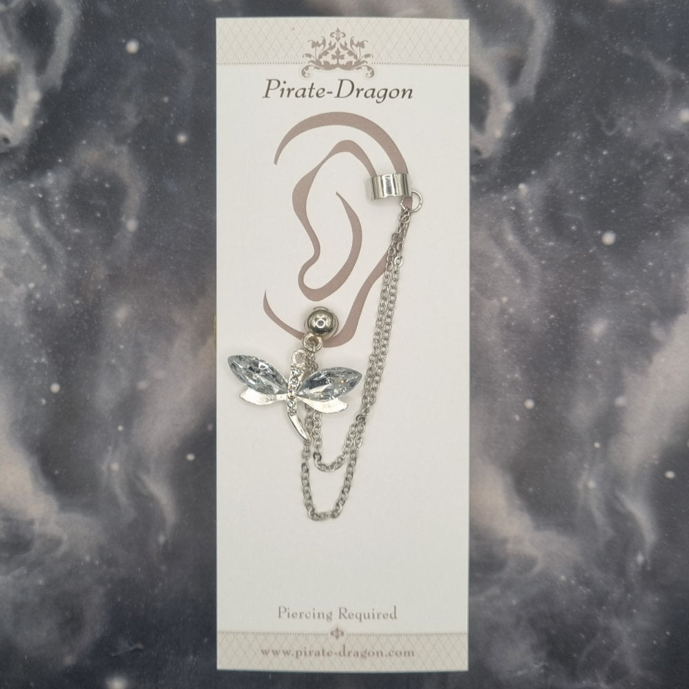 White Gem Dragonfly with Silver Chains Pierced Earcuff (EC99755)