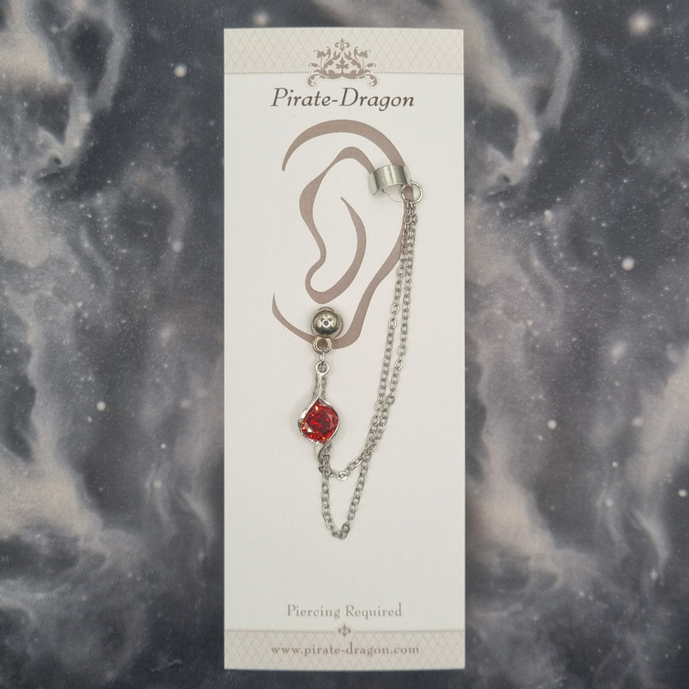 Red Gem Drop with Silver Chains Pierced Earcuff (EC99759)