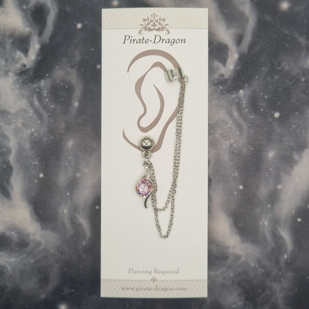 Pink Gem Drop with Silver Chains Pierced Earcuff (EC99761)