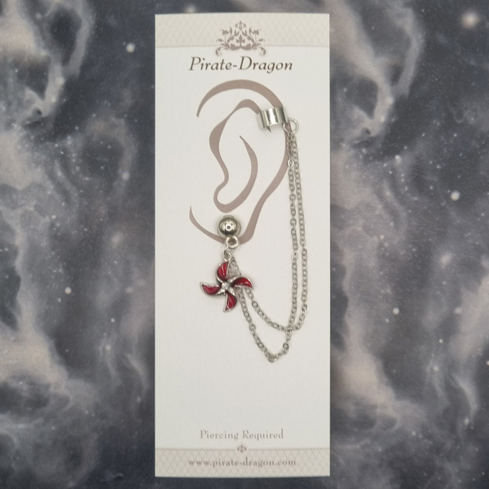 Red Pinwheel Flower with Silver Chains Pierced Earcuff (EC99762)